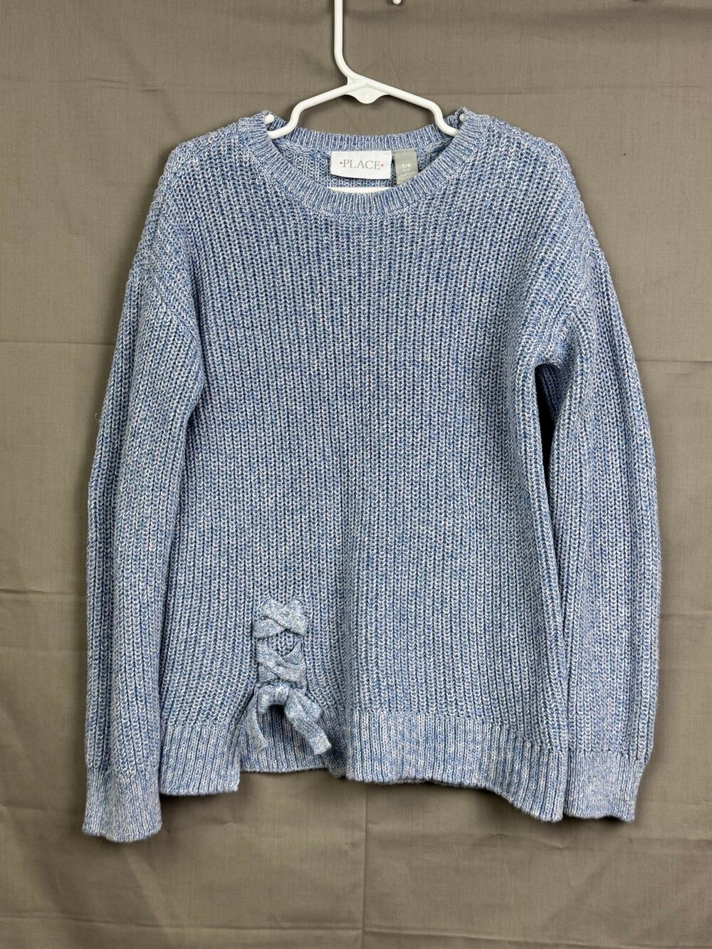 The Children’s Place Girls Sweater Blue Knit Crewneck Cute Bow, Size 7/8